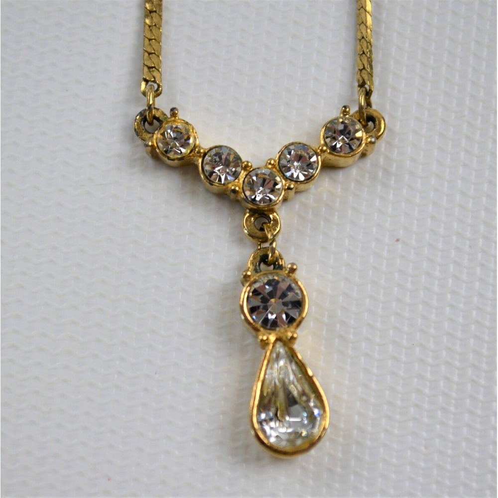 Vintage Gold Tone Necklace Chain with Y Pendant w/ Clear‎ Rhinestones 18"